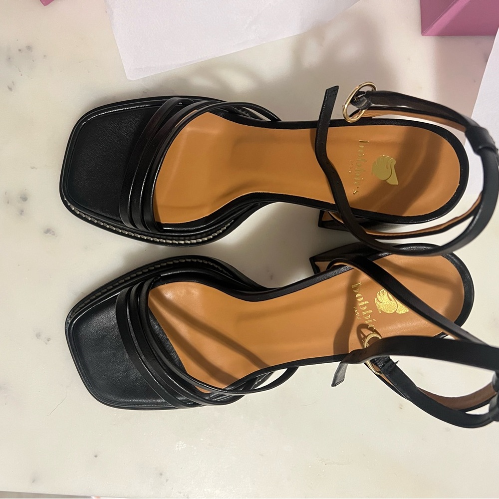 Black Square-Toe Sandals with Ankle Strap